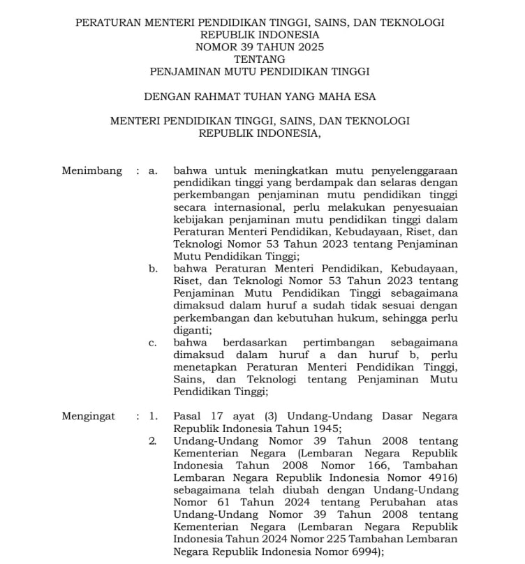 Permendikbudristek 39 tahun 2025 tentang penjaminan mutu perguruan tinggi